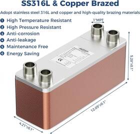 Whe4x12-40p Alorair 4 Inch X12 40 Plates Heat Exchanger With 1 Mpt Port 316l Stainless Steel